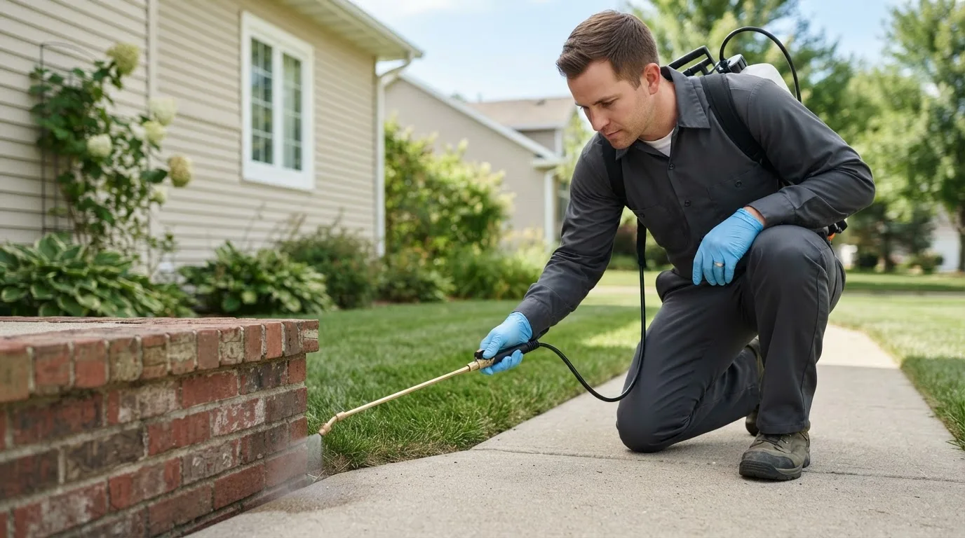 Pest control technician treating a home near Bristol, CT